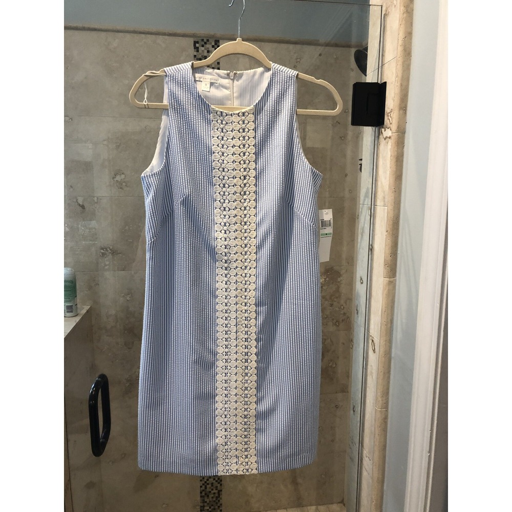 NWT $88 London Times Blue & White Striped Seersucker Lace Sheath Shift Dress 8
